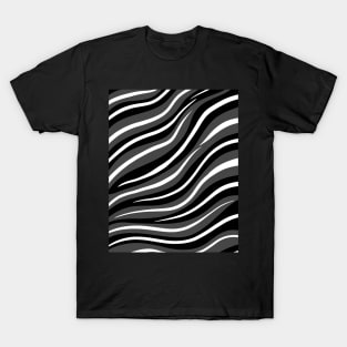 black and white striped background with grey T-Shirt